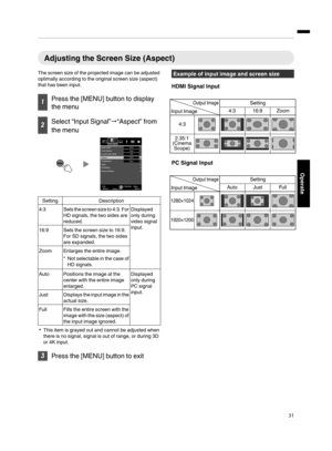 Page 31Adjusting the Screen Size (Aspect)
The screen size of the projected image can be adjusted
optimally according to the original screen size (aspect)
that has been input. 1
Press the [MENU] button to display
the menu 2
Select “Input Signal”"“Aspect” from
the menu
. Setting
Description
4:3 Sets the screen size to 4:3. For HD signals, the two sides are
reduced. Displayed
only during
video signal
input.
16:9 Sets the screen size to 16:9.
For SD signals, the two sides
are expanded.
Zoom Enlarges the entire...