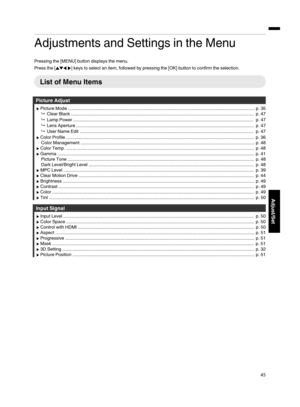 Page 45Adjustments and Settings in the Menu
Pressing the [MENU] button displays the menu.
Press the [JKH I] keys to select an item, followed by pressing the [OK] button to confirm the selection. List of Menu Items
Picture Adjust
I Picture Mode ....................................................................................................................................................  p. 35
9   Clear Black...