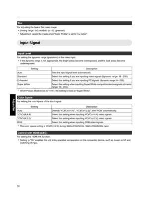 Page 50Tint
For adjusting the hue of the video image. 0 Setting range: -50 (reddish) to +50 (greenish)
* Adjustment cannot be made when “Color Profile” is set to “x.v.Color”. Input Signal
Input Level
For setting the dynamic range (gradation) of the video input. 0 If the dynamic range is not appropriate, the bright areas become overexposed, and the dark areas become
underexposed. Setting
Description
Auto Sets the input signal level automatically.
Standard Select this setting if you are inputting video signals...