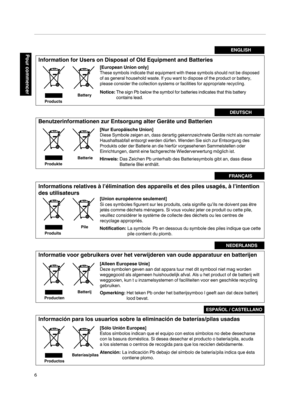 Page 90.
6Pour commencerENGLISH
Information for Users on Disposal of Old Equipment and Batteries
[European Union only]
These symbols indicate that equipment with these symbols should not be disposed 
of as general household waste. If you want to dispose of the product or battery, 
please consider the collection systems or facilities for appropriate recycling.
Notice:The sign Pb below the symbol for batteries indicates that this battery 
contains lead.
Benutzerinformationen zur Entsorgung alter Geräte und...