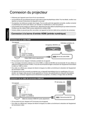 Page 106Connexion du projecteur
0 N’allumez pas l’appareil avant d’avoir fini le raccordement.
0 Les  procédures de raccordement 
peuvent 
varier selon le type de périphérique utilisé. Pour les détails, veuillez vous
reporter au manuel d’instructions du dispositif à raccorder.
0 Ce projecteur est utilisé  pour 

projeter des images. Pour la sortie audio des appareils connectés, veuillez connecter
un périphérique de sortie audio distinct, par exemple un amplificateur ou des haut-parleurs.
0 Il est possible que...