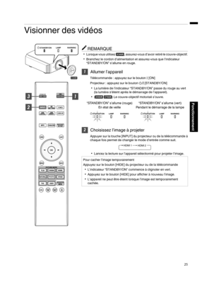 Page 109Visionner des vidéos
REMARQUE
0 Lorsque  vous 
utilisez  Q, 
assurez-vous 
d’avoir retiré le couvre-objectif.
0 Branchez le cordon d’alimentation et assurez-vous que l’indicateur
“STANDBY/ON” s’allume en rouge. 1
Allumer l’appareil
Télécommande : appuyez sur le bouton  C [ON]
Projecteur : appuyez sur le bouton  A [STANDBY/ON]
0 La lumière de l’indicateur “STANDBY/ON” passe du rouge au vert
(la lumière s’éteint après le démarrage de l’appareil).
0 (S R) Le couvre-objectif motorisé s’ouvre.
. 2
Choisissez...