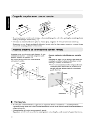 Page 186Carga de las pilas en el control remoto
. 0
Si, para funcionar, el  control 
remoto tiene que estar cerca del proyector; esto indica que las pilas se están gastando.
Sustituya las pilas por otras nuevas (AAA).
0 Introduzca las pilas tomando como guías las marcas  t s. Asegúrese de introducir primero el extremo s.
0 Si se ocurre un error durante la utilización del control remoto, retire las pilas y espere unos cinco minutos. Cargue
nuevamente las pilas y utilice el control remoto. Alcance efectivo de la...