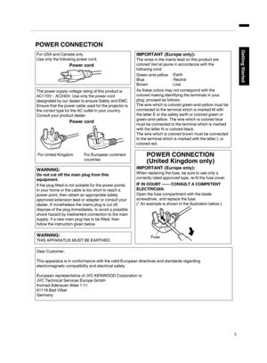 Page 5.
5Getting Started  Power cord
  Power cord
For European continent 
countries For United Kingdom
Green-and-yellow
Blue
Brown
Fuse: Earth
: Neutral
: Live
POWER CONNECTION
WARNING:
WARNING:
Do not cut off the main plug from this 
equipment.
The power supply voltage rating of this product is 
AC110V – AC240V. Use only the power cord 
designated by our dealer to ensure Safety and EMC. 
Ensure that the power cable used for the projector is 
the correct type for the AC outlet in your country. 
Consult your...