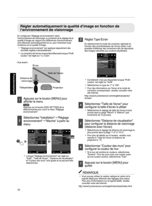 Page 114Régler automatiquement la qualité d’image en fonction de
l’environnement de visionnageEn configurant “Réglage environnement” selon
l’environnement de visionnage, la correction et le réglage de la
qualité d’image par rapport aux différences d’environnement
sont effectués automatiquement et ce, pour minimiser toute
incidence sur la qualité d’image.
0“Réglage environnement” est appliqué séparément des
données réglées individuellement.
0La correction de l’écran ne peut être effectuée lorsque “Profil
couleur”...