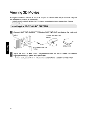 Page 32Viewing 3D Movies
By using the 3D GLASSES (PK-AG1, PK-AG2, or PK-AG3) and 3D SYNCHRO EMITTER (PK-EM1 or PK-EM2), both sold separately, you can enjoy 3D video images.
0 For 3D GLASSES and 3D SYNCHRO EMITTER that are compatible with this unit, please refer to  “Optional
Accessories”p. 11. Installing the 3D SYNCHRO EMITTER
1
Connect 3D SYNCHRO EMITTER to the [3D SYNCHRO] terminal on the main unit
. 2
Adjust the 3D SYNCHRO EMITTER position so that the 3D GLASSES can receive
signals from the 3D SYNCHRO...