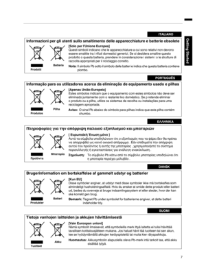 Page 7.
7Getting StartedITALIANO
Informazioni per gli utenti sullo smaltimento delle apparecchiature e batterie obsolete
[Solo per l’Unione Europea]
Questi simboli indicano che le apparecchiature a cui sono relativi non devono 
essere smaltite tra i rifiuti domestici generici. Se si desidera smaltire questo 
prodotto o questa batteria, prendere in considerazione i sistem i o le strutture di 
raccolta appropriati per il riciclaggio corretto.
Nota:Il simbolo Pb sotto il simbolo delle batter ie indica che questa...