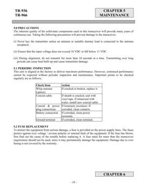 Page 18 - 18 -
TR-936 
TR-966  
 CHAPTER 5 
MAINTENANCE 
 
 
 
5.0 PRECAUTIONS 
The inherent quality of the solid-state components used in this transceiver will provide many years of 
continuous use. Taking the following precautions will prevent damage to the transceiver. 
 
(i) Never key the transmitter unless an antenna or suitable dummy load is connected to the antenna 
receptacle.  
 
(ii) Ensure that the input voltage does not exceed 16 VDC or fall below 11 VDC. 
 
(iii) During alignment, do not transmit...