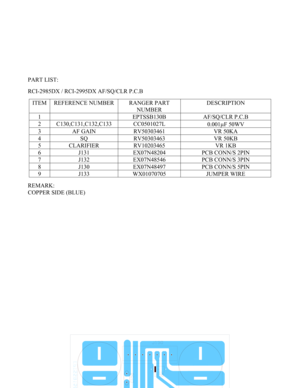 Page 40 - 40 -  
 
 
 
 
 
 
 
 
PART LIST: 
 
RCI-2985DX / RCI-2995DX AF/SQ/CLR P.C.B 
 
ITEM  REFERENCE NUMBER  RANGER PART 
NUMBER DESCRIPTION 
1   EPTSSB130B AF/SQ/CLR P.C.B 
2 C130,C131,C132,C133  CC0501027L 
0.001µF 50WV 
3  AF GAIN  RV50303461  VR 50KA 
4 SQ  RV50303463  VR 50KB 
5 CLARIFIER  RV10203465  VR 1KB 
6  J131  EX07N48204  PCB CONN/S 2PIN 
7  J132  EX07N48546  PCB CONN/S 3PIN 
8  J130  EX07N48497  PCB CONN/S 5PIN 
9 J133  WX01070705  JUMPER WIRE 
 
REMARK: 
COPPER SIDE (BLUE)...