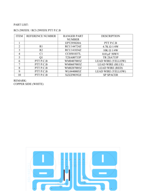 Page 46 - 46 -  
 
 
 
 
PART LIST: 
 
RCI-2985DX / RCI-2995DX PTT P.C.B 
 
ITEM  REFERENCE NUMBER  RANGER PART 
NUMBER DESCRIPTION 
1   EPT295020A  PTT P.C.B 
2 R1  RCU144724Z 
4.7K Ω 1/4W 
3 R2  RCU141034Z 
10K Ω 1/4W 
4 C1  CC0501037L 
0.01µF 50WV 
5 Q1  T2SA00733P  TR 2SA733P 
6  PTT P.C.B  WM0407005Z  LEAD WIRE (YELLOW) 
7  PTT P.C.B  WM0607005Z  LEAD WIRE (BLUE) 
8  PTT P.C.B  WM0207005Z  LEAD WIRE (RED) 
9  PTT P.C.B  WL0440005Z  LEAD WIRE (YELLOW) 
10  PTT P.C.B  XZZZ90392Z  SP SPACER 
 
REMARK: 
COPPER...