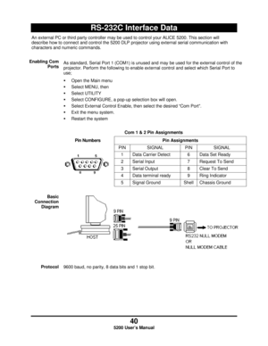 Page 4240
5200 User’s Manual
RS-232C Interface Data
An external PC or third party controller may be used to control your ALICE 5200. This section will
describe how to connect and control the 5200 DLP projector using external serial communication with
characters and numeric commands.
Enabling Com
PortsAs standard, Serial Port 1 (COM1) is unused and may be used for the external control of the
projector. Perform the following to enable external control and select which Serial Port to
use;
  Open the Main menu
...