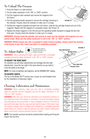 Page 11To Unload The Firearm
1. Point the firearm in a safe direction.
2. Put the safety mechanism in the “ON” or “SAFE” position.
3. Pull the magazine latch rearward and remove the magazine from 
the firearm.
4. Pull the operating handle rearward to remove the cartridge remaining in
the chamber. Visually check the chamber to make sure it is empty.
5. Holding the magazine separate and apart from the firearm, slide the top cartridge forward and out of the
magazine. Repeat until the magazine is completely empty....