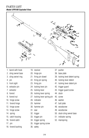 Page 19PARTS LIST
Model SPR100 Exploded View
1.  barrel with hook19.  receiver 37.  pusher
2.  sling swivel base20.  hinge pin 38.  base plate
3.  sling swivel ring 21.  firing pin dowel 39.  locking level detent spring 
4.  pin 22.  firing pin spring 40.  locking lever detent
5.  front sight 23.  firing pin 41.  locking lever detent pin
6.  extractor pin 24.  locking lever pin 42.  trigger guard
7.  extractor25.  locking lever 43.  trigger guard screw
8.  forend 26.  locking lever spring 44.  stock
9.  forend...
