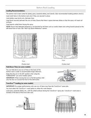 Page 1515
Bottom Rack Loading
Loading Recommendations
The bottom rack is best suited for plates, pans, casserole dishes, and utensils. (See recommended loading patterns shown.)
Load small items in the bottom rack only if they are secured in place.
Load plates, soup bowls, etc., between tines.
Load bowls securely between the rows of tines. Ensure that there is space between dishes so that the spray will reach all 
surfaces.
Load heavily soiled items facing the spray.
NOTE: Ensure that detergent dispenser is not...