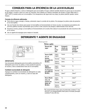 Page 3434
CONSEJOS PARA LA EFICIENCIA DE LA LAVAVAJILLAS
El agua caliente disuelve y activa el detergente para lavavajillas. El agua caliente también disuelve la grasa que se encuentra
en los platos y ayuda a secar los vasos sin manchas. Para obtener los mejores resultados de lavado, el agua debe estar a 
120°F (49°C) cuando entra en la lavavajillas. Si la temperatura del agua está muy baja, los platos podrían quedar menos 
limpios. 
Consejos de eficiencia adicionales
■Para ahorrar agua, energía y tiempo,...