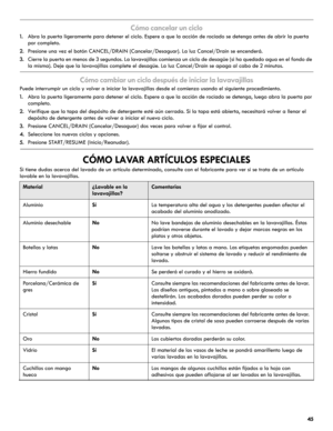 Page 4545
Cómo cancelar un ciclo
1.Abra la puerta ligeramente para detener el ciclo. Espere a que la acción de rociado se detenga antes de abrir la puerta 
por completo. 
2.Presione una vez el botón CANCEL/DRAIN (Cancelar/Desaguar). La luz Cancel/Drain se encenderá.
3.Cierre la puerta en menos de 3 segundos. La lavavajillas comienza un ciclo de desagüe (si ha quedado agua en el fondo de 
la misma). Deje que la lavavajillas complete el desagüe. La luz Cancel/Drain se apaga al cabo de 2 minutos.
Cómo cambiar un...