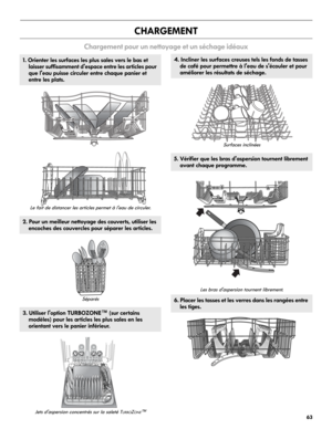 Page 6363
CHARGEMENT
Chargement pour un nettoyage et un séchage idéaux          
1. Orienter les surfaces les plus sales vers le bas et 
laisser suffisamment d'espace entre les articles pour 
que l'eau puisse circuler entre chaque panier et 
entre les plats.
Le fait de distancer les articles permet à l'eau de circuler.
2. Pour un meilleur nettoyage des couverts, utiliser les 
encoches des couvercles pour séparer les articles.
Séparés
3. Utiliser l'option TURBOZONE™ (sur certains 
modèles) pour...