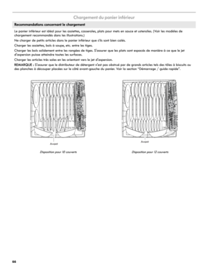 Page 6666
Chargement du panier inférieur
Recommandations concernant le chargement
Le panier inférieur est idéal pour les assiettes, casseroles, plats pour mets en sauce et ustensiles. (Voir les modèles de 
chargement recommandés dans les illustrations.)
Ne charger de petits articles dans le panier inférieur que s’ils sont bien calés.
Charger les assiettes, bols à soupe, etc. entre les tiges.
Charger les bols solidement entre les rangées de tiges. S'assurer que les plats sont espacés de manière à ce que le...