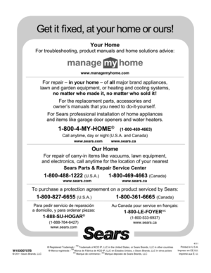 Page 80W10300757B© 2011 Sears Brands, LLC® Registered Trademark / 
TMTrademark of KCD IP, LLC in the United States, or Sears Brands, LLC in other countries
® Marca registrada / TMMarca de Fábrica de KCD IP, LLC en Estados Unidos, o Sears Brands, LLC in otros paísesMCMarque de commerce / MDMarque déposée de Sears Brands, LLC4/11
 Printed in U.S.A.
Impreso en EE.UU.
Imprimé aux É.-U. 