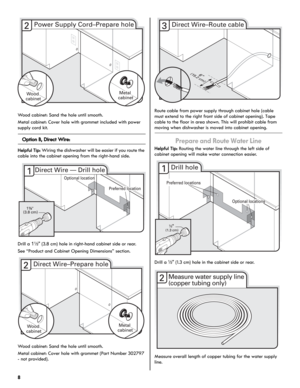 Page 88
Wood cabinet: Sand the hole until smooth.
Metal cabinet: Cover hole with grommet included with power 
supply cord kit.
Option B, Direct Wire:
Helpful Tip: Wiring the dishwasher will be easier if you route the 
cable into the cabinet opening from the right-hand side.
Drill a 1¹⁄₂" (3.8 cm) hole in right-hand cabinet side or rear.
See “Product and Cabinet Opening Dimensions” section.
Wood cabinet: Sand the hole until smooth.
Metal cabinet: Cover hole with grommet (Part Number 302797 
- not...