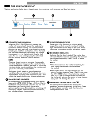 Page 1919
TIME AND STATUS DISPLAY
The time and status display shows the estimated time remaining, cycle progress, and door lock status.
ESTIMATED TIME REMAINING
When the START/PAUSE button is pressed, the 
washer will automatically detect the load size for 
cycles that use load sensing. The control will then 
optimize the wash and rinse times, based on the se-
lected cycle, modifiers and options. When the load 
size has been determined, the display will change 
from dashes (- - -) to the estimated time for that...