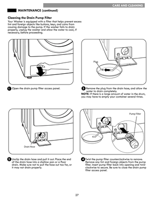 Page 2727
Pump Filter
Plug
Drain Hose
MAINTENANCE (continued)
Cleaning	the	Drain	Pump	Filter  
Your Washer is equipped with a filter that helps prevent excess
lint and foreign objects like buttons, keys, and coins from
causing damage to the pump. If the washer fails to drain
properly, unplug the washer and allow the water to cool, if
necessary, before proceeding.
1.   Open the drain pump filter access panel.
     Unclip the drain hose and pull it out. Place the end   
     of the drain hose into a shallow pan...