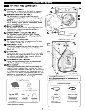 Page 66
FEATURES AND BENEFITS
KEY PARTS AND COMPONENTS
A
B
C
D
E
F
G
H
I
DETERGENT DISPENSER
There are four compartments. One each for prewash, 
main wash, liquid bleach, and liquid fabric softener.
CONTROL PANEL WITH LED DISPLAY
The easy-to-read LED display shows cycle options, 
settings, cycle status, and estimated time remaining during 
operation. 
NOTE: Sensors in the washer automatically detect the 
size of the wash load to optimize washing time, based 
on the selected cycle and options.
DIRECT-DRIVE...