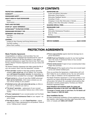 Page 22
TABLE OF CONTENTS
PROTECTION AGREEMENTS ................................................... 2
WARRANTY ............................................................................. 3
DISHWASHER SAFETY ............................................................ 4
WHAT’S NEW IN YOUR DISHWASHER ....................................6
Energy ..................................................................................................6
Performance...