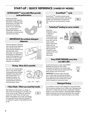 Page 88
START-UP / QUICK REFERENCE (VARIES BY MODEL)
ULTRACLEAN™ removable filters provide 
peak performance.
Cleaning the filters 
periodically helps keep the 
dishwasher working at peak 
performance. The filters can 
be found at the bottom 
center of your dishwasher.
See “ULTRACLEAN™ 
FILTRATION SYSTEM” for 
information on removing and 
maintaining the filters.
IMPORTANT: Do not block detergent 
dispenser.
Tall items placed in the lower 
rack may block the dispenser 
door. Cookie sheets and 
cutting boards...