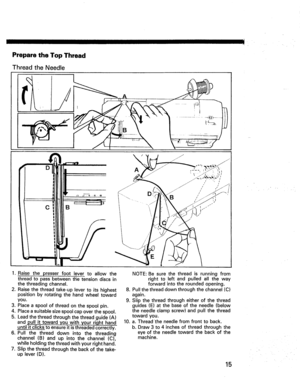 Page 17  
PreparetheTopThread 
ThreadtheNeedle 
D 
C B \ 
A 
1.Raisethepresserfootlevertoallowthe 
threadtopassbetweenthetensiondiscsin 
thethreadingchannel. 
2.Raisethethreadtake-uplevertoitshighest 
positionbyrotatingthehandwheeltoward 
you. 
3.Placeaspoolofthreadonthespoolpin. 
4.Placeasuitablesizespoolcapoverthespool. 
5.Leadthethreadthroughthethreadguide(A) 
andpullittowardyouwithyourrighthand 
untilitclicks.toensureitisthreadedcorrectly. 
6.Pullthethreaddownintothethreading...