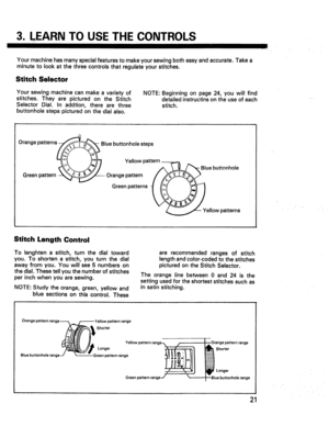 Page 23  
3.LEARNTOUSETHECONTROLS 
Yourmachinehasmanyspecialfeaturestomakeyoursewingbotheasyandaccurate.Takea 
minutetolookatthethreecontrolsthatregulateyourstitches. 
StitchSelector 
Yoursewingmachinecanmakeavarietyof 
stitches.TheyarepicturedontheStitch 
SelectorDial.Inaddtion,therearethree 
buttonholestepspicturedonthedialalso. NOTE:Beginningonpage24,youwillfind 
detailedinstructinsontheuseofeach 
stitch. I!¸ 
Orangepatterns_Bluebuttonholesteps 
Greenpattern__---Orangepattern 
Greenpatterns Bluebuttonhole...