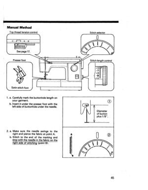 Page 47  
ManualMethod 
Topthreadtensioncontrol 
O,24.6,8 
Seepage17. 
Presserfoot III 
Stitchselector 
thcontrol 
-5 
J 
1.a.Carefullymarkthebuttonholelengthon 
yourgarment. 
b.Insertitunderthepresserfootwiththe 
leftsideofbuttonholeundertheneedle. 
2.a.Makesuretheneedleswingstothe 
rightandpiercethefabricatpointA. 
b.Stitchtotheendofthemarkingand 
stopwiththeneedleinthefabriconthe 
rightsideofstitching(pointB). Q 
Diameter 
ofbutton 
plus1/8. 
0 ® 
45  