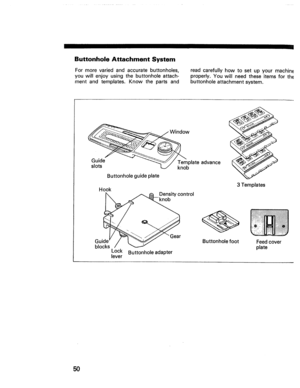 Page 52  
ButtonholeAttachmentSystem 
Formorevariedandaccuratebuttonholes, 
youwillenjoyusingthebuttonholeattach- 
mentandtemplates.Knowthepartsand readcarefullyhowtosetupyourmachine 
properly.Youwillneedtheseitemsforthe 
buttonholeattachmentsystem. 
.._W 
Guide___Templateadvance 
slotsLjknob 
Buttonholeguideplate 
Hook 
ELDensitycontrol 
Guide_Gear 
blocks 
LockButtonholeadapter 
lever 3Templates 
Buttonholefoot 
5O Feedcover 
plate  