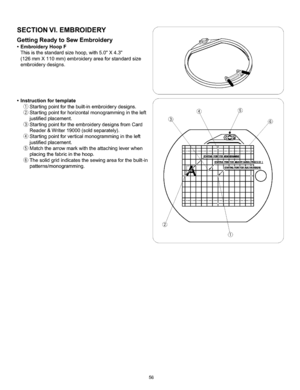 Page 62  
SECTIONVI.EMBROIDERY 
GettingReadytoSewEmbroidery 
•EmbroideryHoopF 
Thisisthestandardsizehoop,with5.0X4.3 
(126mmX110mm)embroideryareaforstandardsize 
embroiderydesigns. 
•Instructionfortemplate 
Startingpointforthebuilt-inembroiderydesigns. 
Startingpointforhorizontalmonogrammingintheleft 
justifiedplacement. 
StartingpointfortheembroiderydesignsfromCard 
Reader&Writer19000(soldseparately). 
Startingpointforverticalmonogrammingintheleft 
justifiedplacement....