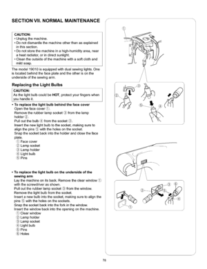 Page 84  
SECTIONVll.NORMALMAINTENANCEs 
CAUTION: 
•Unplugthemachine. 
•Donotdismantlethemachineotherthanasexplained 
inthissection. 
•Donotstorethemachineinahigh-humidityarea,near 
aheatradiator,orindirectsunlight. 
•Cleantheoutsideofthemachinewithasoftclothand 
mildsoap. 
Themodel19010isequippedwithdualsewinglights.One 
islocatedbehindthefaceplateandtheotherisonthe 
undersideofthesewingarm. 
ReplacingtheLightBulbs 
CAUTION: 
AsthelightbulbcouldbeHOT,protectyourfingerswhen 
youhandleit....