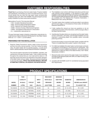 Page 55 TANK RECOVERYMINIMUM
CAPACITYINPUT RATE GALS.VENT PIPEDIAMETER DIMENSIONS IN
MODEL IN GALS. TYPE OF RATEPER HOUR INCHES INCHESINCHES (mm) HEIGHT
NUMBER ( LTRS) GAS(Btu/hr) @ 90°F RISE(mm) (mm) TO JACKET TOP
153.332040 40 (151) NATURAL40,000 44 2 (51) 18 1/2 (470) 55  (1,397)
153.332050 50 (189) NATURAL40,000 44 2 (51) 20 (508) 56 3/4 (1,441)
153.332060 40 (151)PROPANE40,000 44 2 (51) 18 1/2 (470) 55  (1,397)
153.332070 50 (189)PROPANE40,000 44 2 (51) 20 (508) 56 3/4 (1,441)
Thank You for purchasing a...