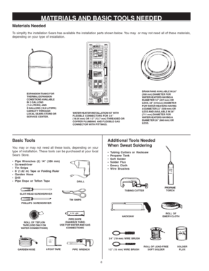 Page 66
Materials Needed
To simplify the installation Sears has available the installation parts shown below. You may  or may not need all of these materials,
depending on your type of installation.
WATER HEATER INSTALLATION KIT WITH
FLEXIBLE CONNECTORS FOR 3/4”
(19.05 mm) OR 1/2” (12.7 mm) THREADED OR
COPPER PLUMBING AND FLEXIBLE GAS
CONNECTOR WITH FITTINGS. EXPANSION TANKS FOR
THERMAL EXPANSION
CONDITIONS AVAILABLE
IN 2 GALLONS
(7.6 LITERS) AND
5 GALLONS (18.9 LITERS)
CAPACITY THROUGH
LOCAL SEARS STORE OR...