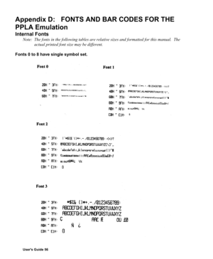 Page 57Users Guide 56
Appendix D:  FONTS AND BAR CODES FOR THE
PPLA Emulation
Internal Fonts
Note:  The fonts in the following tables are relative sizes and formatted for this manual.  The
actual printed font size may be different.
Fonts 0 to 8 have single symbol set. 