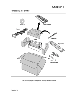 Page 7
Chapter 1 
Page 6 of 46 
•Unpacking the printer  
 
 
 
 
 
 
 
 
 
 
 
 
 
 
 
 
 
 
 
 
 
 
 
 
 
 
 
 
 
 
 
 
 
 
 
* The packing style is subject to change without notice.  