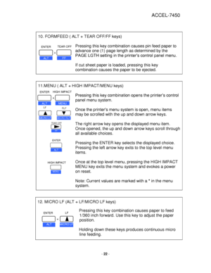 Page 22ACCEL-7450 
- 22 - 
 
 
 
 
 
10. FORMFEED ( ALT + TEAR OFF/FF keys) 
 
Pressing this key combination causes pin feed paper to 
advance one (1) page length as determined by the 
PAGE LGTH setting in the printer’s control panel menu.  
 
If cut sheet paper is loaded, pressing this key 
combination causes the paper to be ejected. 
11.MENU ( ALT + HIGH IMPACT/MENU keys) 
 
Pressing this key combination opens the printer’s control 
panel menu system.  
 
Once the printer’s menu system is open, menu items...