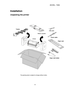 Page 5ACCEL- 7450 
 
- 5 - 
 
Installation  
Unpacking the printer  
 
 
 
 
 
 
 
 
 
 
 
 
 
 
 
 
 
 
 
 
 
 
 
 
 
 
 
 
 
 
 
 
 
 
 
 
 
 
 
 
 
 
 
 
The packing style is subject to change without notice. 
  
 
Ribbon cassette 
USB cable 
Printer 
Power cable 
Tractor 
Paper rack holder 
Paper rack 
    