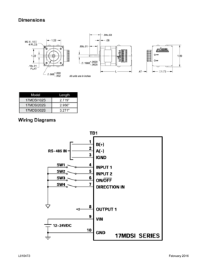 Page 4Dimensions
Wiring Diagrams
ModelLength
17MDSI102S 2.719”
17MDSI202S 2.956”
17MDSI302S 3.271”
February 2016L010473  