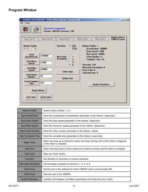 Page 1111
Program Window
Motion ProfileSelect motion profiles 1 or 2.
Send Accel/DecelSend the acceleration & deceleration parameter to the indexer. (steps/sec2)
Send Base SpeedSend the base speed parameter to the indexer. (steps/sec)
Send Max SpeedSend the maximum speed parameter to the indexer. (steps/sec)
Send Index NumberSend the index number parameter to the indexer. (steps)
Send Complete TimeSend the complete time parameter to the indexer. (useconds)
Begin IndexMotor will ramp up to maximum speed and keep...