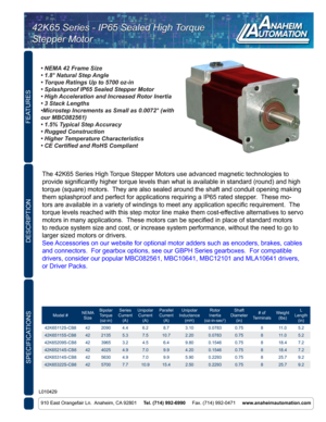 Page 1Model #NEMA 
Size Bipolar 
Torque  (oz-in) Series 
Current  (A) Unipolar 
Current (A) Parallel 
Current (A) Unipolar 
Inductance (mH) Rotor 
Inertia
(oz-in-sec2) Shaft 
Diameter (in) # of 
Terminals Weight
(lbs) L
Length (in)
42K65112S-CB8 422090 4.46.2 8.7 3.10 0.0783 0.75811.0 5.2
42K65115S-CB8 422135 5.37.510.7 2.200.0783 0.75811.0 5.2
42K65209S-CB8 423965 3.24.5 6.4 9.80 0.1546 0.75818.4 7.2
42K65214S-CB8 424025 4.97.0 9.9 4.20 0.1546 0.75818.4 7.2
42K65314S-CB8 425630 4.97.0 9.9 5.90 0.2293...