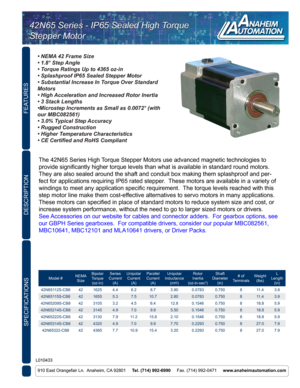 Page 1Model #NEMA 
Size Bipolar 
Torque  (oz-in) Series 
Current  (A) Unipolar 
Current (A) Parallel 
Current (A) Unipolar 
Inductance (mH) Rotor 
Inertia
(oz-in-sec2) Shaft 
Diameter (in) # of 
Terminals Weight
(lbs) L
Length (in)
42N65112S-CB8 421625 4.46.2 8.7 3.90 0.0783 0.750 811.4 3.9
42N65115S-CB8 421655 5.37.510.7 2.800.0783 0.750 811.4 3.9
42N65209S-CB8 423105 3.24.5 6.4 12.8 0.1546 0.750 818.8 5.9
42N65214S-CB8 423145 4.97.0 9.9 5.50 0.1546 0.750 818.8 5.9
42N65222S-CB8 423130 7.911.2 15.8 2.100.1546...