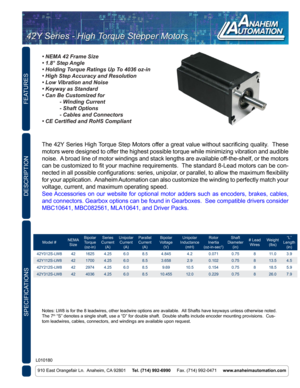 Page 1Model #NEMA 
Size Bipolar 
Torque  (oz-in) Series 
Current  (A) Unipolar 
Current (A) Parallel 
Current (A) Bipolar 
Voltage (V) Unipolar 
Inductance (mH) Rotor 
Inertia
(oz-in-sec2) Shaft 
Diameter (in) # Lead 
Wires Weight
(lbs) “L” 
Length (in)
42Y012S-LW8 421625 4.25 6.08.5 4.845 4.20.071 0.75811.0 3.9
42Y112S-LW8 421700 4.25 6.08.5 3.658 2.90.102 0.75813.5 4.5
42Y212S-LW8 422974 4.25 6.08.5 9.69 10.50.154 0.75818.5 5.9
42Y312S-LW8 424036 4.25 6.08.510.455 12.00.229 0.75826.0 7.9
FEATURES...