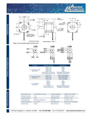 Page 2DIMENSIONS
910 East Orangefair Ln.  Anaheim, CA 92801     Tel. (714) 992-6990     Fax. (714) 992-0471     www.anaheimautomation.com
WIRING INFORMATION
Notes: On dual shaft models 42XXXD-LWX
Step Angle Accuracy: ± 5% (Full Step, No Load) Insulation Resistance:100M Ohm Min, 500VDC
Resistance Accuracy: ± 10% Dielectric Strength:1800VAC for 1 minute
Inductance Accuracy: ± 20% Shaft Radial Play:0.02” Max (1.0 lbs)
Temperature Rise: 80°C Max (2 Phases On) End Play:0.08” Max (1.0 lbs)
Ambient Temperature: -20°...