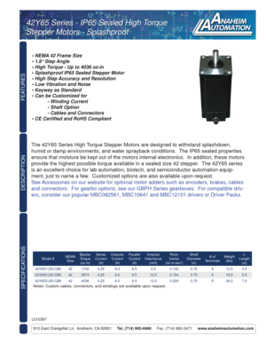 Page 1Model #NEMA 
SizeBipolar 
Torque 
(oz-in)Series 
Current 
(A)Unipolar 
Current
(A)Parallel 
Current
(A)Unipolar 
Inductance
(mH)Rotor 
Inertia
(oz-in-sec2)Shaft 
Diameter
(in)# of 
TerminalsWeight
(lbs)L
Length
(in)
42Y65112S-CB8 42 1700 4.25 6.0 8.5 2.9 0.102 0.75 8 13.5 4.5
42Y65212S-CB8 42 2974 4.25 6.0 8.5 10.5 0.154 0.75 8 18.5 5.9
42Y65312S-CB8 42 4036 4.25 6.0 8.5 12.0 0.229 0.75 8 26.0 7.9
FEATURES
SPECIFICATIONS
910 East Orangefair Ln.  Anaheim, CA 92801     Tel. (714) 992-6990     Fax. (714)...