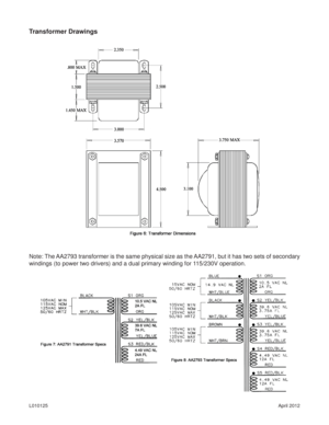 Page 6April 2012 L010125
Transformer Drawings
Note: The AA2793 transformer is the same physical size as the AA2791, but it has two sets of secondary 
windings (to power two drivers) and a dual primary winding for 115/230V operation. 