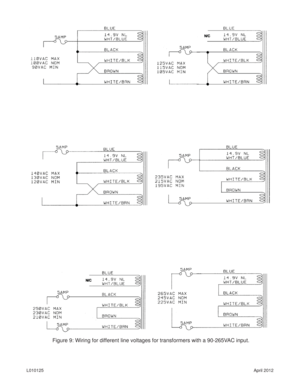 Page 7April 2012 L010125
Figure 9: Wiring for different line voltages for transformers with a 90-265VAC input. 